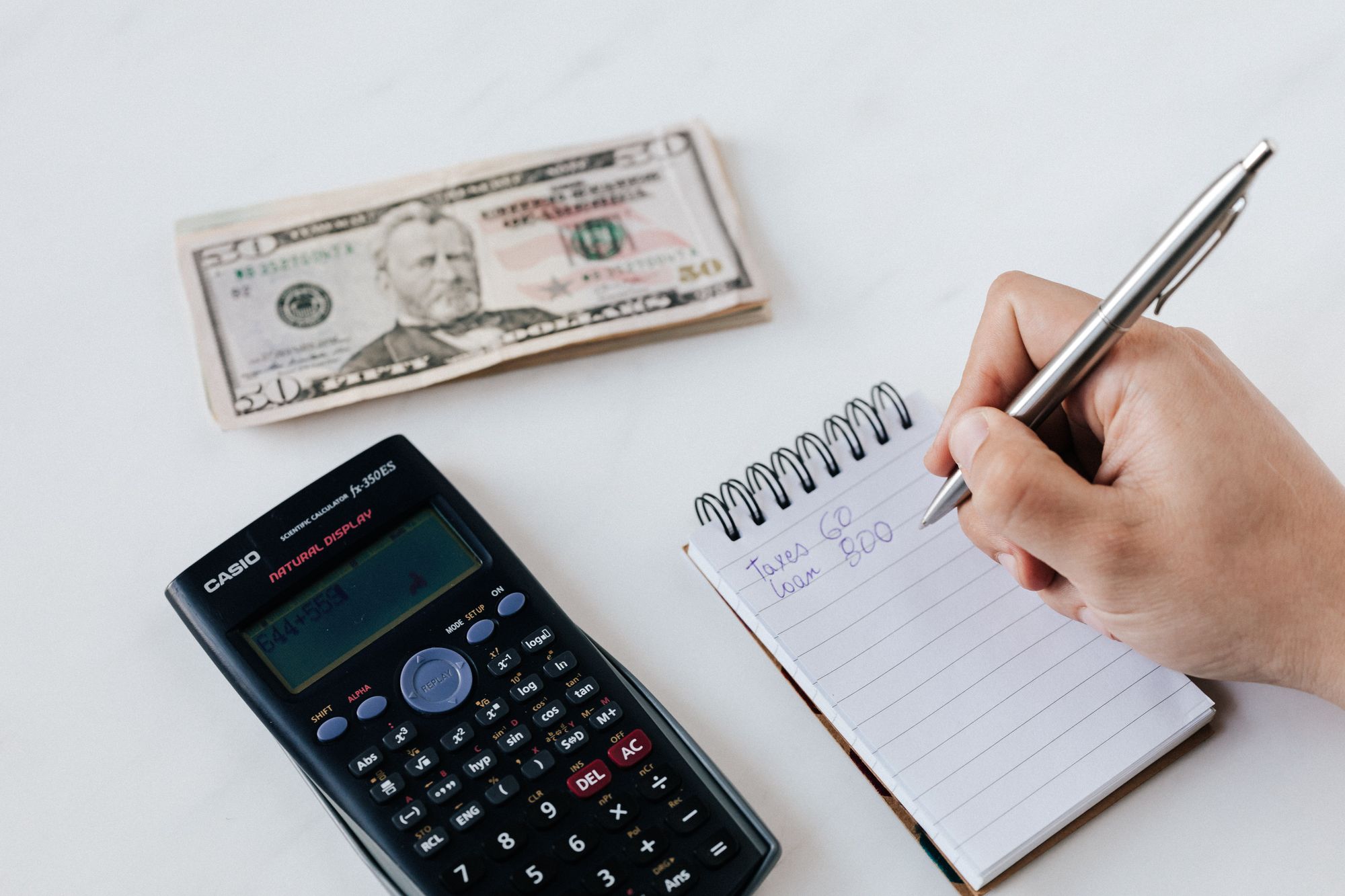 Budget with paper, calculator, and money on the table.